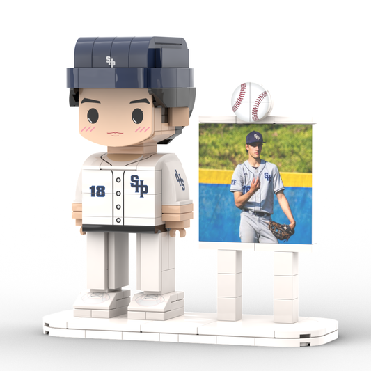 Personalised full-body brick figure — baseball theme, one person in baseball kit, customised from your photo, eco-friendly ABS, light nougat skin