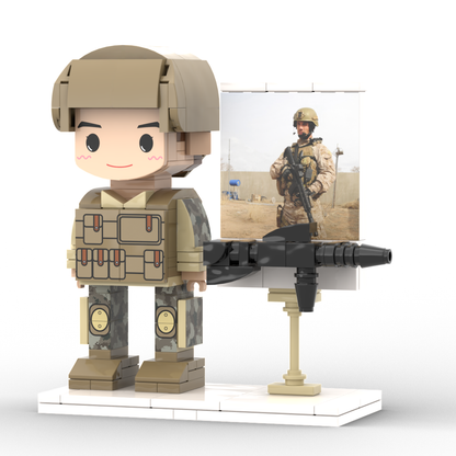 Rear and side views of custom full-body brick figure in soldier outfit — demonstrates simple pose and buildable accessories on a one-person personalised figure