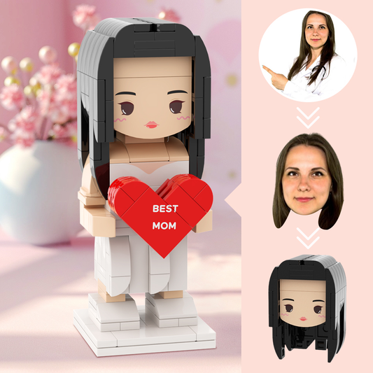 Front-facing round-face customisable head brick figure — personalised Mother's Day gift showing hairstyle, expression and outfit details