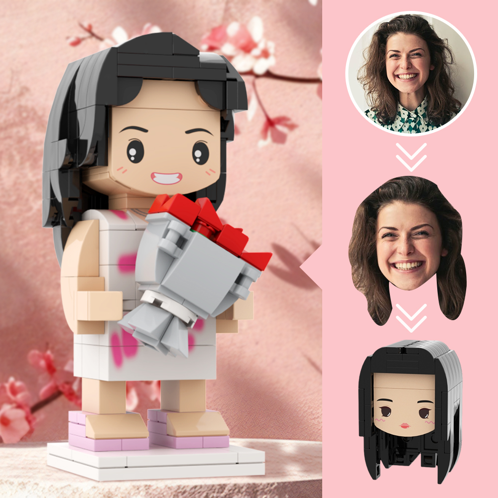 Custom Lego-Style Figure: Young Mother Holding Flowers | Personalised Brick Figure Gift for Mum