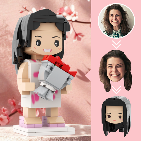 Personalised Brick Figure of mum holding flowers, unique Mother's Day gift personalised face replica in eco-friendly ABS