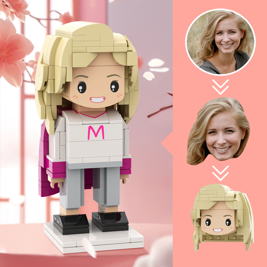 Personalised round-face brick figure — front view of a custom 'Super Mum' mini figure showing recreated hairstyle, facial expression and outfit; thoughtful Mother's Day personalised gift made from your photo.