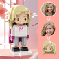 Personalised round-face brick figure — front view of a custom 'Super Mum' mini figure showing recreated hairstyle, facial expression and outfit; thoughtful Mother's Day personalised gift made from your photo.
