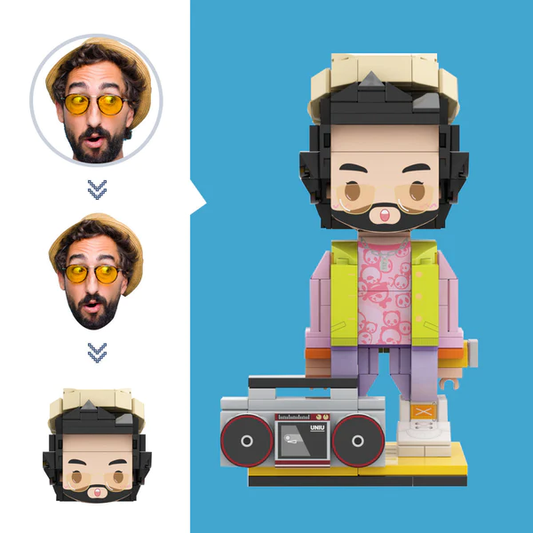 Personalised music-lover brick figure front view — custom head small-particle block toy, bespoke building-block art and photo-to-figure gift
