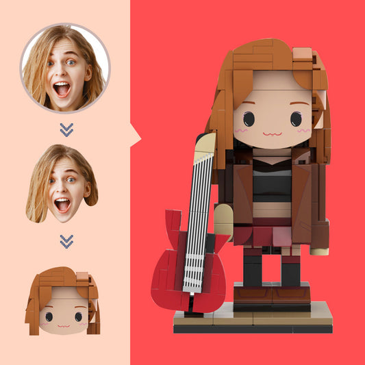 Personalised guitarist mini figure made from small-particle blocks with customised face and outfit – bespoke music lover gift and custom musician brick figure