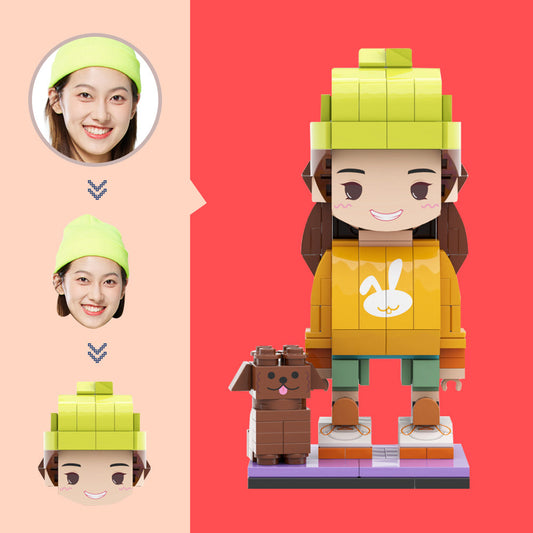Personalised brick figure with little dog made from small-particle ABS blocks — custom mini figure created from your photo, front view
