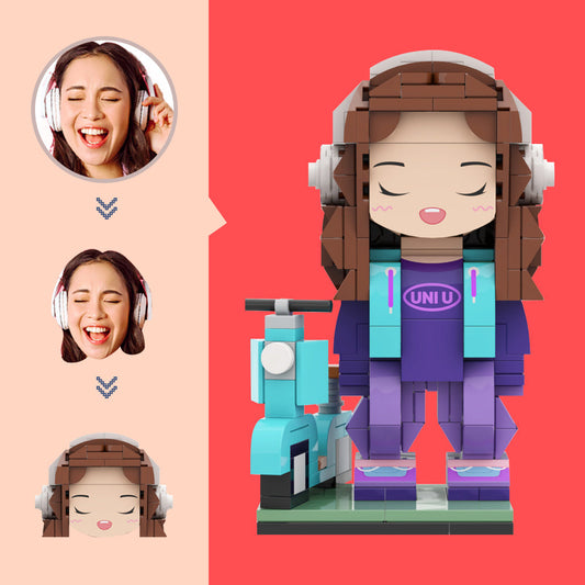 Personalised Brick Figure — custom head mini figure made from small particle blocks, front-facing photo reference showing hairstyle and facial detail; eco-friendly ABS personalised gift