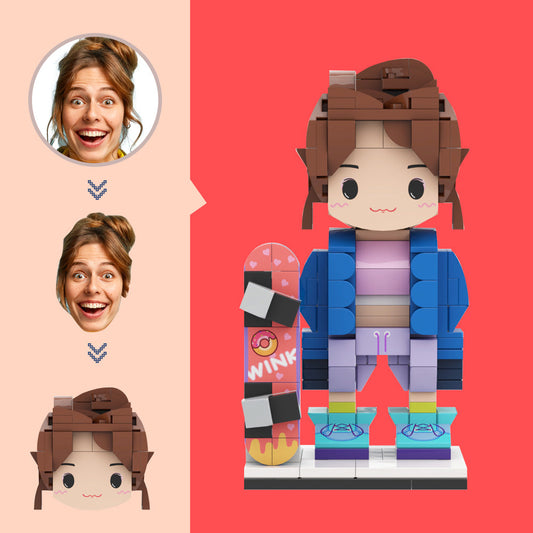 Personalised brick figure skateboarder – custom head mini block toy in eco‑friendly ABS micro‑blocks, front‑facing with customised hairstyle and clothing