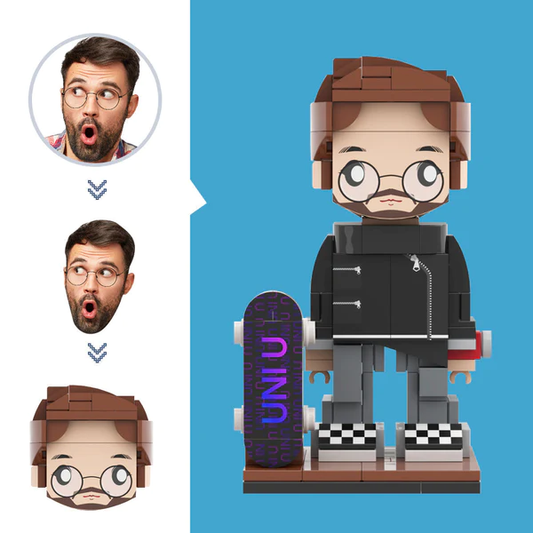 Custom skateboarder brick figure personalised from photo – bespoke block mini figure with customised hairstyle, clothing and skate pose, ideal personalised gift