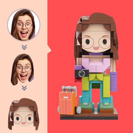 Personalised Traveller Brick Figure from photo — custom head mini figure with recognisable hairstyle, facial expression and outfit, eco‑friendly ABS keepsake, ideal personalised travel gift