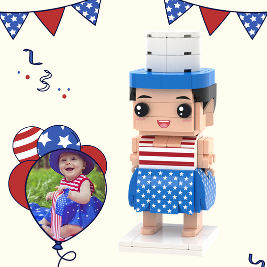 Personalised Independence Day baby brick figure — one‑person full‑body custom mini figure made from your photo, eco‑friendly ABS personalised ornament, ideal personalised photo gift