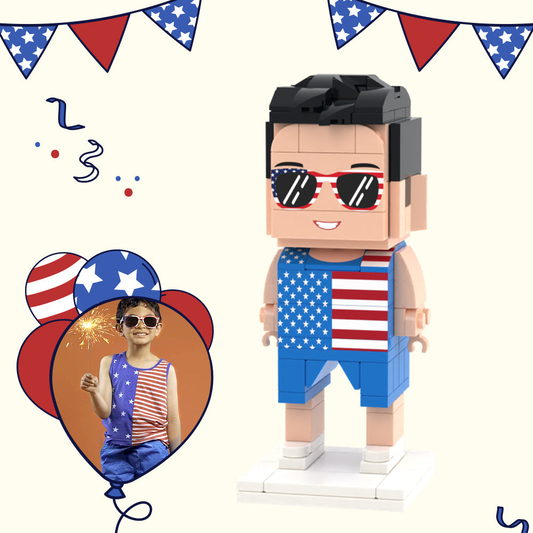 Full Body Customisable Brick Figure – personalised 1‑person mini block toy showing full‑body custom figure with personalised face, hairstyle and outfit on white background, ABS eco‑friendly blocks
