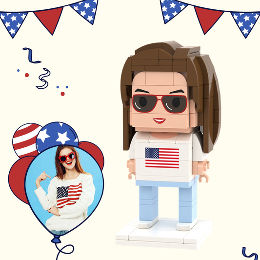 Independence Day personalised full-body brick figure for her – custom mini figure made from a photo in red, white and blue, bespoke block figure gift
