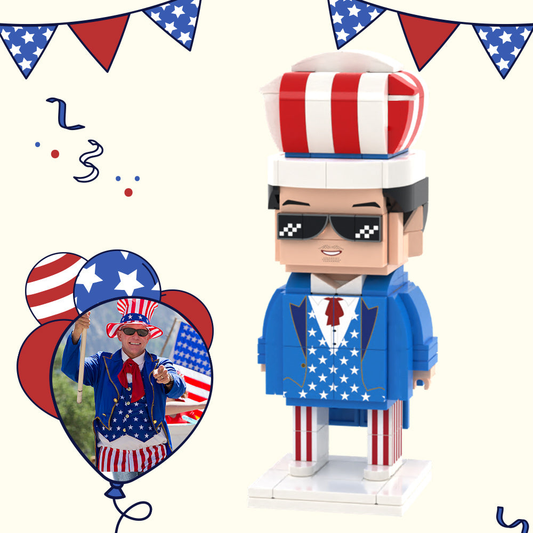 Personalised photo brick figure - full-body custom mini figure (one person) in vibrant colours, perfect Independence Day keepsake gift