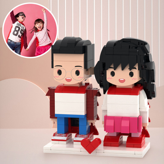Two personalised brick figures for two made from photos — custom photo mini block characters in colourful outfits, bespoke eco-friendly ABS keepsake gift for couples