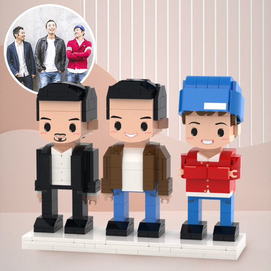 Personalised 3‑Person Brick Figures – three custom head mini figures on white background, personalised photo gift turning favourite faces into a fun display