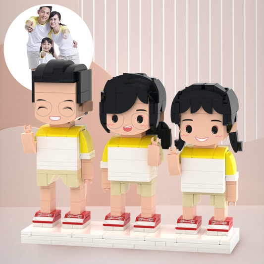 Family of 3 personalised brick figures with custom heads displayed on white background – three mini brick people photo-to-block toy, perfect personalised gift for Australia and the UK