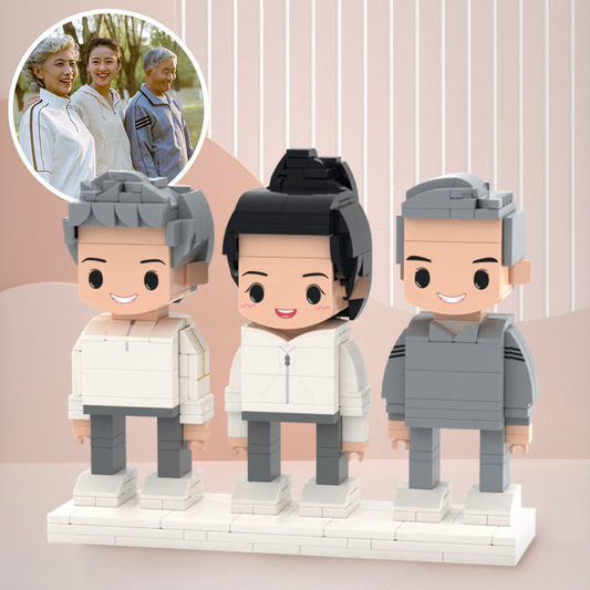 Three personalised brick figures for 3 people — custom mini block characters made from eco-friendly ABS with personalised hairstyles, facial expressions and outfits; an ideal family keepsake gift.