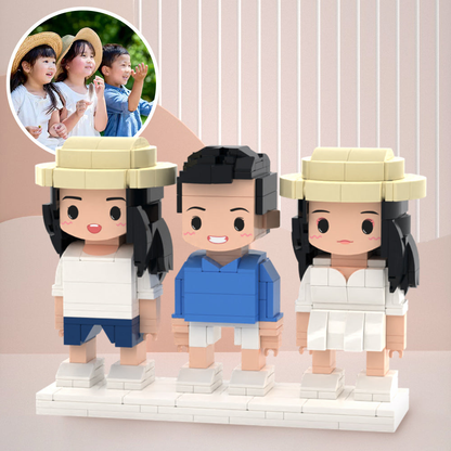 Three personalised 3-person brick figures created from photos — memorial keepsake for kids and families, small-particle block toy display