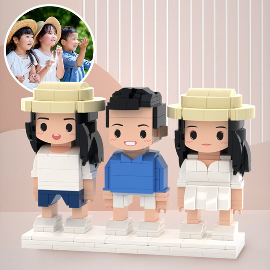 Three personalised 3-person brick figures created from photos — memorial keepsake for kids and families, small-particle block toy display