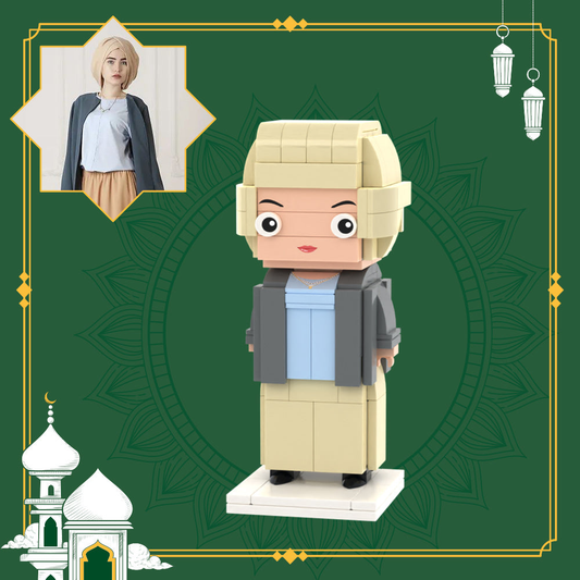 Personalised full‑body custom brick figure front view showing hairstyle, clothing and pose — small particle block toy, gift for her