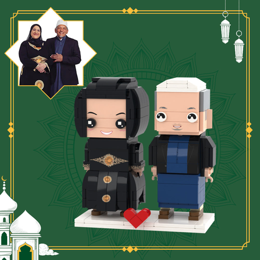 Personalised Couple Brick Figures front view – customised mini couple in wedding attire, ideal wedding keepsake and custom memorial gift for parents