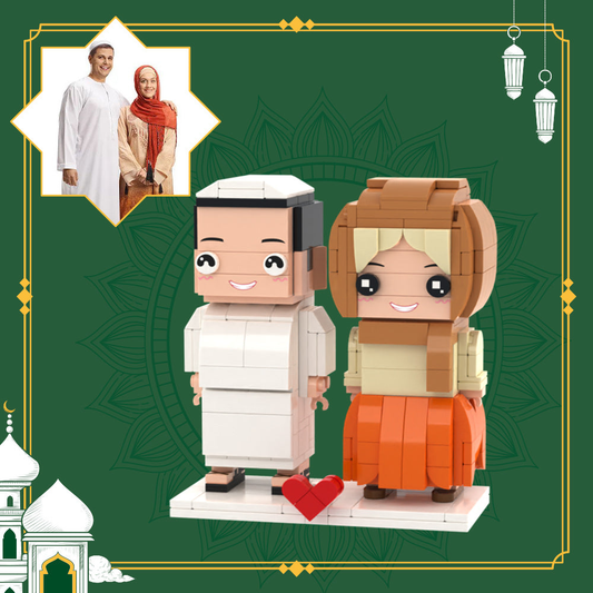 Front view of personalised 2-person brick figures with custom photo heads on fixed bodies — custom photo head mini block toy keepsake for couples and grandparents