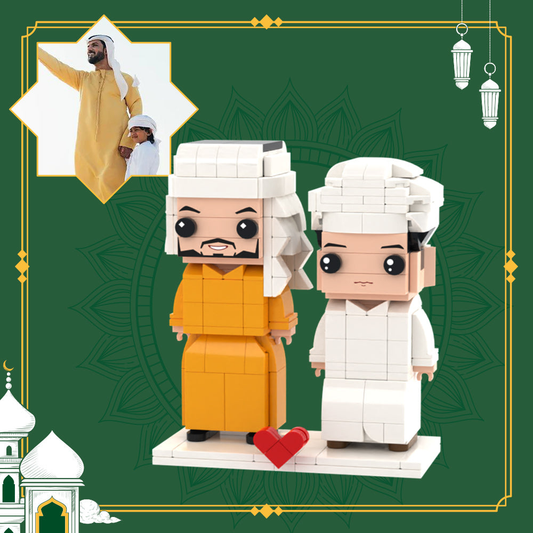 Personalised parent-child brick figures – custom two-person Lego-style toy gift, front view of bespoke ABS figures on white background