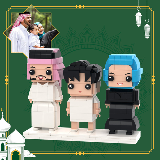 3-person custom brick-style figures with head personalised — small particle block family set on display base, photo-inspired personalised gift for weddings, Valentine’s Day and special occasions (Australia & UK)