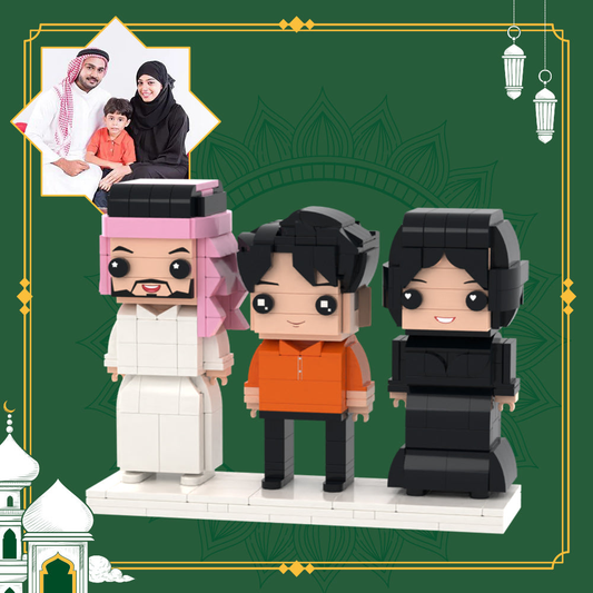 Personalised Family Brick Figures Gift – custom 3 people building blocks portrait showing three bespoke brick figures, eco‑friendly ABS family keepsake (35.2 x 19.2cm)