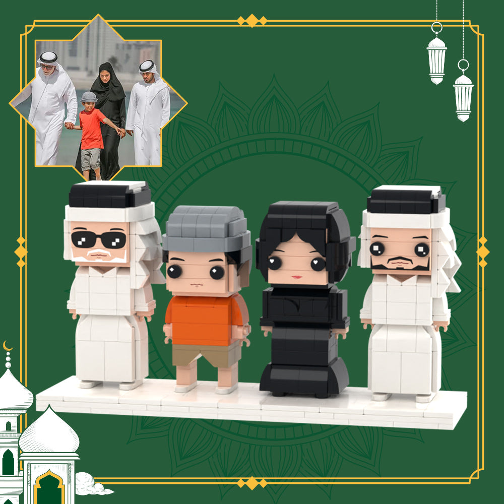 Custom Family Brick Figures – personalised 4 people full‑body gift set, front view of handcrafted mini brick family