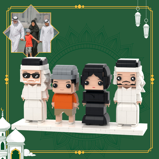 Custom Family Brick Figures – personalised 4 people full‑body gift set, front view of handcrafted mini brick family
