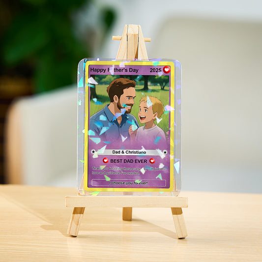 Personalised Father's Day poke card for dad, customised with his name, a special title and a heartfelt message; Pokémon-inspired design on a durable wood, plastic and PVC card.