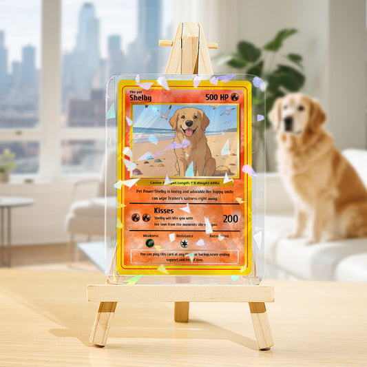 Personalised poke-style pet card showing a custom dog photo and printed name — collectible-style pet keepsake with custom text, ideal personalised gift or memorial