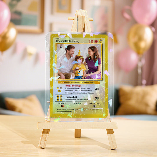 Personalised Poke-style photo game card front view featuring a custom portrait and name – custom trading card gift, pocket-sized keepsake (7.6×10.6cm)