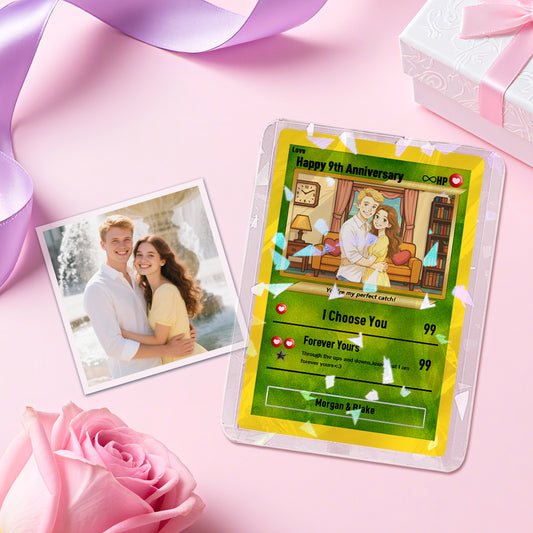 Personalised Valentine's Poke Card front view showing engraved couple names and character-style artwork on wood and PVC – custom anniversary gift for gaming couples