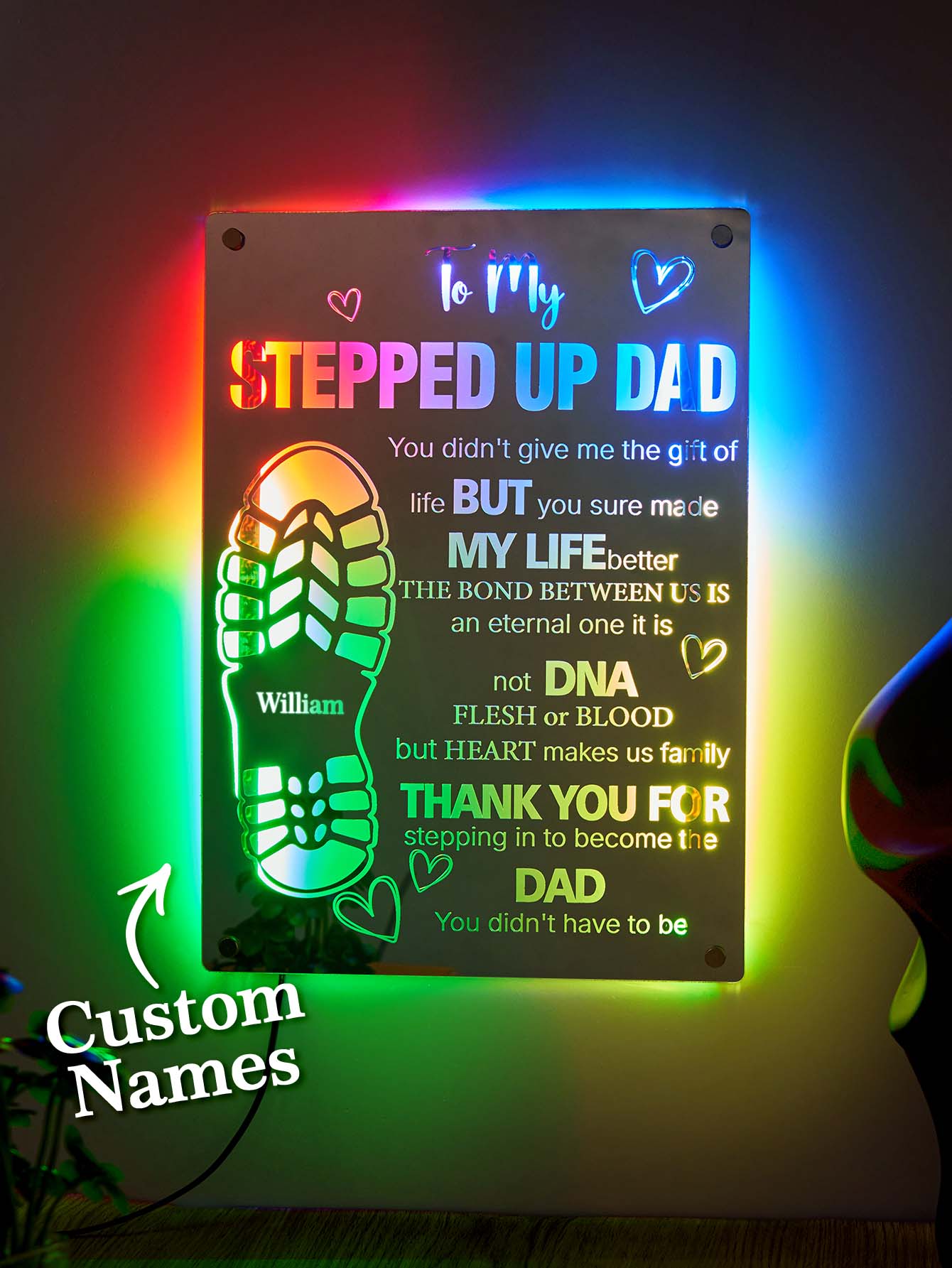 Personalised Dad Mirror Light with engraved footprint on clear acrylic, illuminated by LED base — perfect Father's Day keepsake.