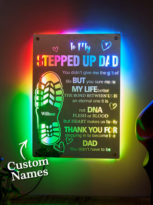 Personalised Dad Mirror Light with engraved footprint on clear acrylic, illuminated by LED base — perfect Father's Day keepsake.