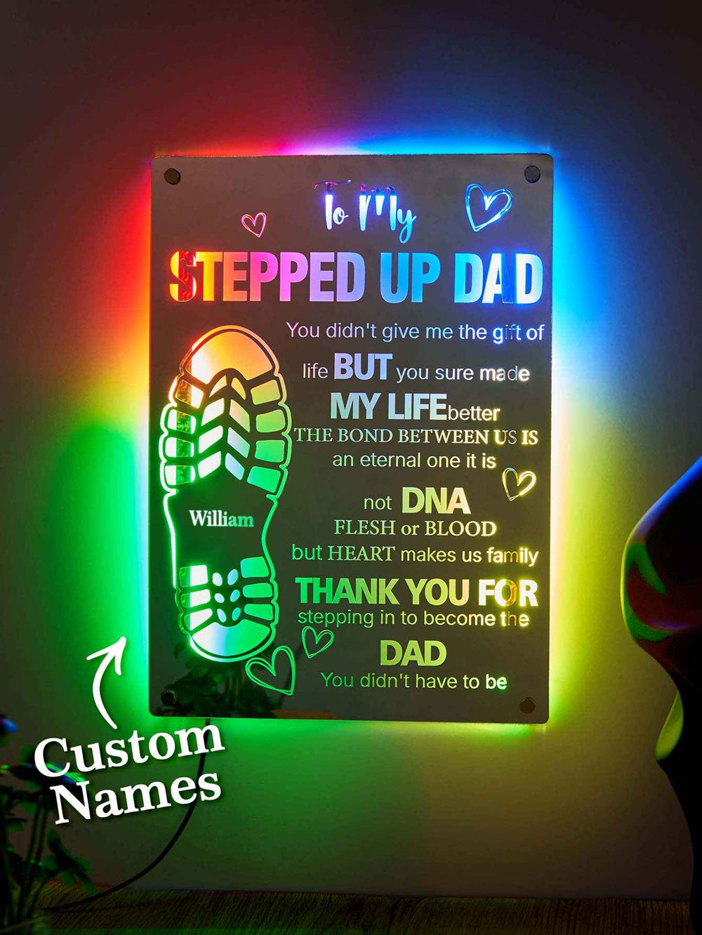 Personalized Stepped Up Dad Mirror Light Dad's Footprint Sign Gift for Father's Day