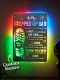 Unboxed Personalised Dad Mirror Light with LED base and cable visible, showing assembly and durable shatter‑resistant acrylic.
