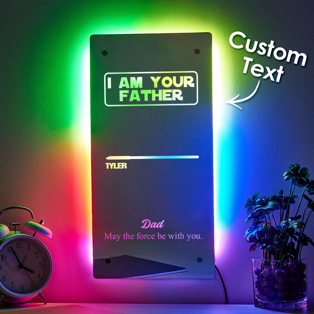 Engraved I Am Their Father mirror lamp shown wall mounted with stand‑offs, ideal personalised gift for Dad