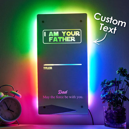 Engraved I Am Their Father mirror lamp shown wall mounted with stand‑offs, ideal personalised gift for Dad
