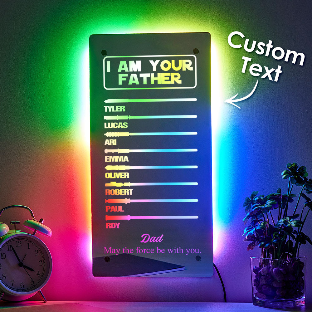 Nighttime ambience shot of personalised lightsaber mirror lamp glowing in multiple colours, perfect Father’s Day keepsake