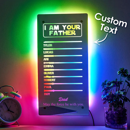 Nighttime ambience shot of personalised lightsaber mirror lamp glowing in multiple colours, perfect Father’s Day keepsake