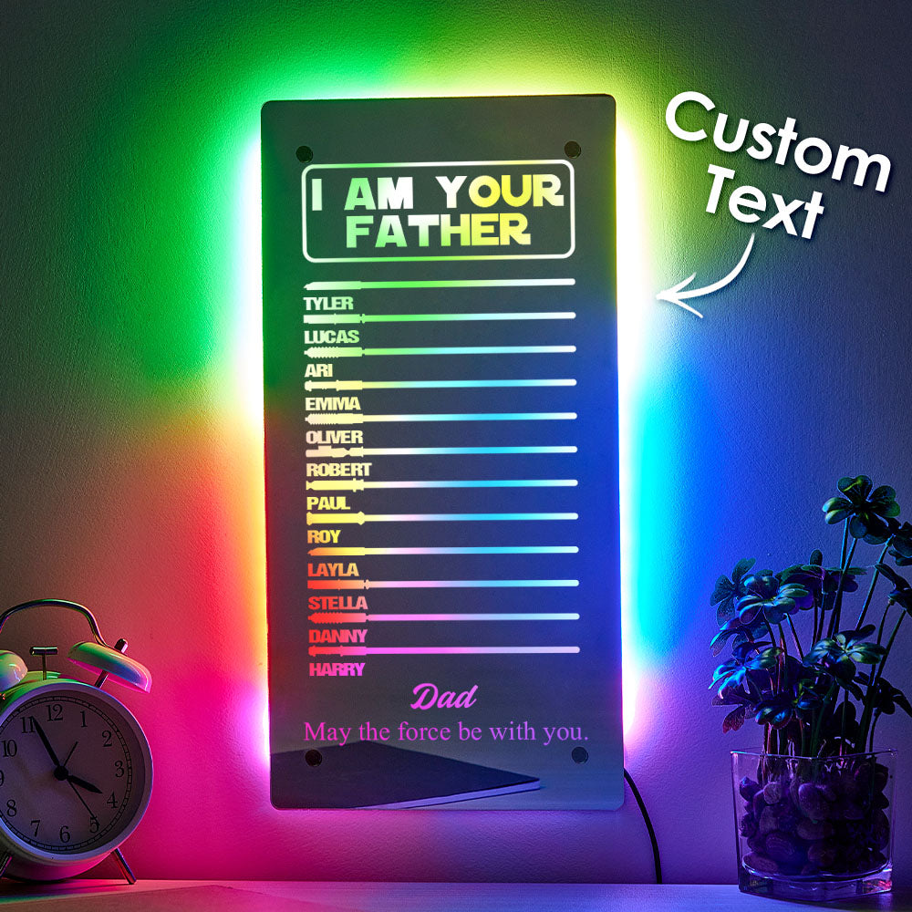 Custom Name lightsaber mirror lamp shown mounted above a desk, personalised engraved Fathers Day gift idea for him