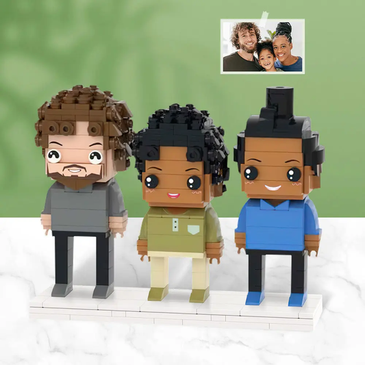 Full-body customisable 3-person brick figures on assembled display — personalised small particle block keepsake