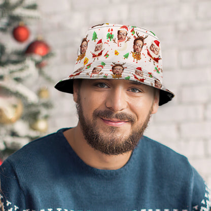 Custom face bucket hat laid flat to display all-over vivid print — high-resolution heat-transfer finish for long-lasting personalised photo gifts
