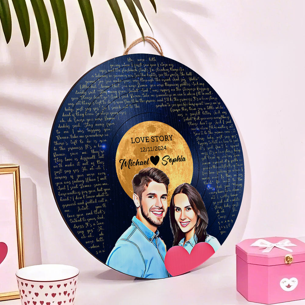 Personalised Vinyl Record Wood Sign - Custom Song Lyrics & Portrait Round Wall Art
