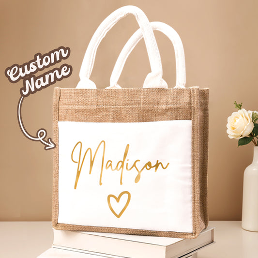 Personalised jute tote bag with external pocket — eco-friendly reusable linen travel & beach bag