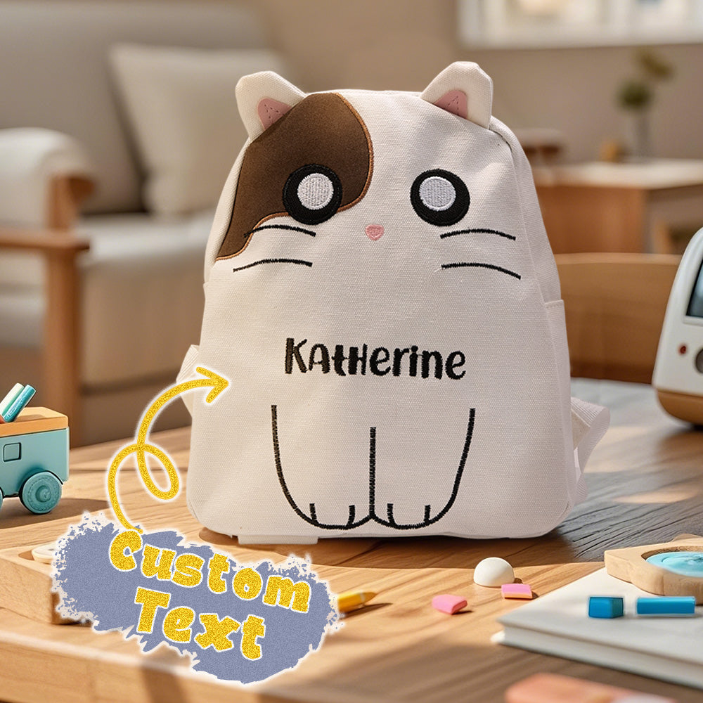 Compact personalised cat backpack showing adjustable straps and sturdy canvas — ideal custom kids' school bag